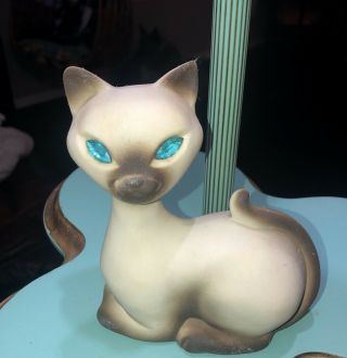 Vintage California Usa Pottery Siamese Cat Figurine Teal Rhinestone Eyes 6 "