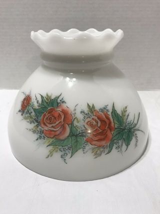 Vintage Oil Hurricane Lamp Shade 8” White Glass Red Roses Floral Flowers