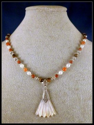 Vtg Southwest Sterling Silver & Mother Of Pearl Pendant,  22 " Beaded Necklace
