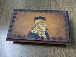 1920s Russian Soviet Wooden Souvenir Folk Art Box With Old Man Sailor