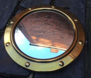 Vintage Mid Century Brass Round Porthole Mirror Convex Fish - Eye
