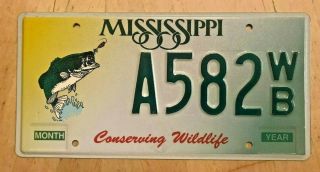 Mississippi Conserving Wildlife Auto License Plate " A 582 Wb " Ms Bass Fish