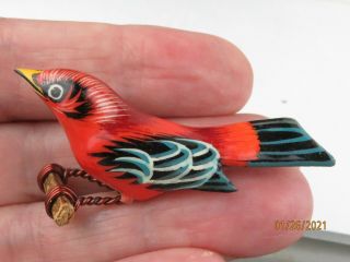 Vintage Takahashi Style Scarlet Tanager Bird Hand Carved Painted Wood Brooch Pin