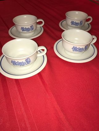 Set/4 Vintage Pfaltzgraff Yorktowne Coffee Cups And Saucers Blue And Cream