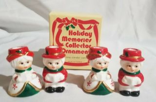 2 Pairs Vintage Christmas Holiday Ceramic Candle Holders Carolers 2.  5 " T