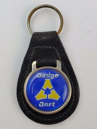 Vintage Dodge Dart Black Leather Keychain W/ Blue & Yellow Logo Metal Coin Back