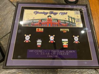 Opening Day Ticket & Pins Coors Field Colorado Rockies 1995 Framed Euc