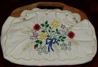 Vintage Knitting Sewing Bag Wood Handles 70s Era Fabric Floral Embroidery Tote