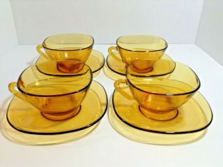 Vintage Vereco France 8 Piece Cup & Saucer Set Amber Glass Coffee Tea