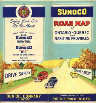 Vintage 1938 Ontario/quebic/maritime Prov.  Road Map – Sun Oil Co.