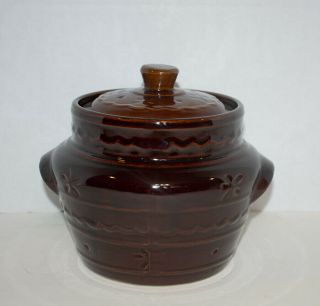 Marcrest Daisy Dot Stoneware Brown Bean Pot W/ Lid Oven Proof - Usa Vintage