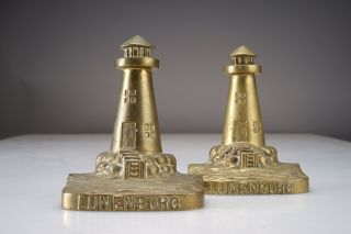 Vintage Lunenburg Foundry Cast Brass Lighthouse Nautical Bookends Nova Scotia