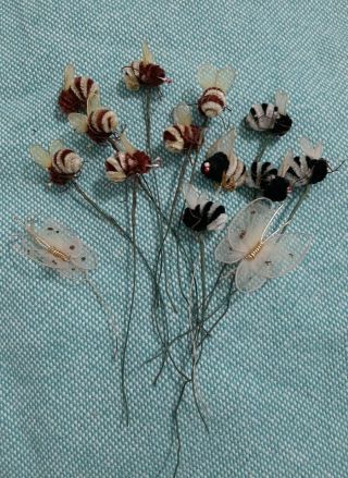 12 Vintage Chenille Bumble Bees & 2 Butterflies Wired Floral Crafts Corsage Pick