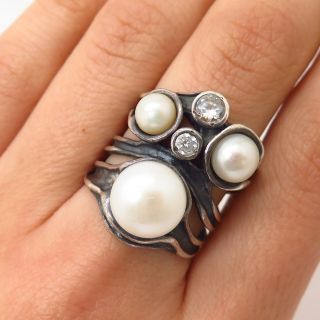925 Sterling Silver Vintage Israel Didae Real Pearl & C Z Modernist Ring Size 7