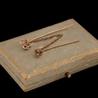 Antique Vintage Nouveau 14k Rose Gold Seed Pearl Enamel 1895 Stick Pin Brooch