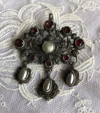 Fabulous Antique Austro Hungarian Silver Garnet And Pearl Drop Brooch,  C 1880