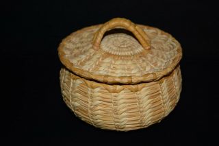 Vintage Native American Papago Covered Lidded Basket 4 X 6 Hand Made Arizona