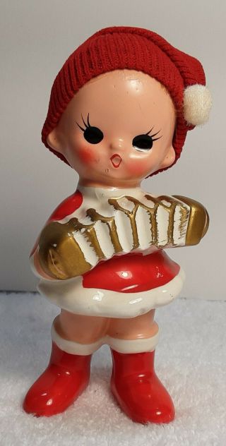 Vintage Ceramic Santa Pixie Elf Girl Musician Figurine With Hair And Cloth.