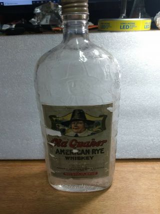Vintage Embossed Old Quaker American Rye Whiskey Bottle With Label