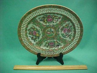 Antique Chinese Famille Rose Medallion Reticulated Plate Platter Tray Birds Bees