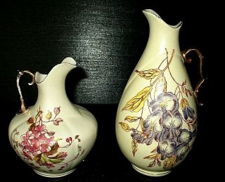 Vintage Royal Rudolstadt Hand Painted Floral Porcelain Pitchers Set Of 2