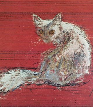 Fritz Rudolf Hug (1921 - 1989) Vintage Lithograph Print White Longhair Fluffy Cat