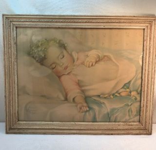 Vtg 1930 - 40’s Annie Benson Muller Baby Just A Little Dream Litho Print Framed
