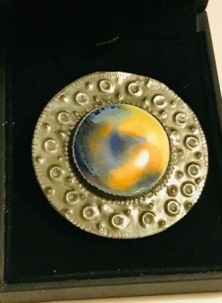 Antique Handmade Arts & Crafts Pewter Ruskin - Style Cabochon Ceramic Brooch/pin