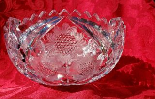 Large Antique Brilliant,  Floral Cut Etched Crystal Bowl With Saw Tooth Edge