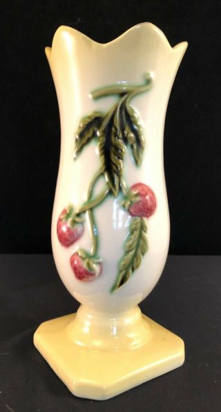 Usa Pottery Yellow Vase Decorated With Cherries Square Footed Base Vintage