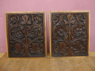Pair Antique Victorian Hand Carved Oak Wooden Cabinet Door Panels