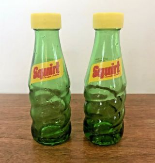 Vtg Squirt Bottles Salt And Pepper Shakers Green Glass Soda Pop Mini Miniature