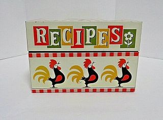 Vtg Style Craft Tin Recipe Box White With Red Check,  Roosters