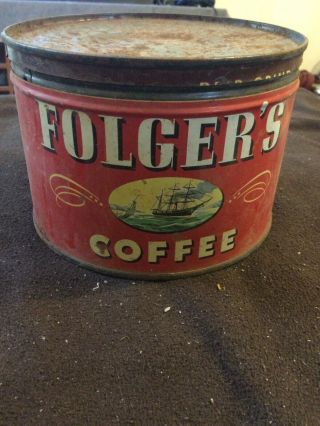 Vintage Folgers Coffee Tin Can With Lid