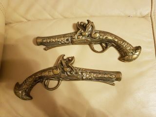 Set Of 2 Vintage Large Solid Brass Wall Pistols - Heavy