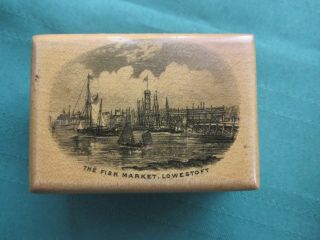 Antique Mauchline Ware Stamp Box ‘the Fish Market,  Lowestoft”