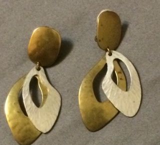 Vintage Mb Sf Marjorie Baer Of San Francisco Gold Silver Tone Clip Drop Earrings