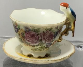 Vintage Miniature Tea Cup & Saucer - Japan Bird Floral 22ktgold Rim