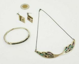 Vintage Alpaca Mexico Necklace Bracelet Earrings Set With Abalone
