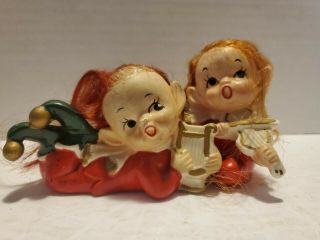 Vintage Napcoware Christmas Pixie Elf Figurines Violin,  Harp Red Hair X7591 3”