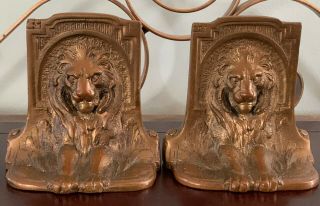 Pair Antique Deco Bronzed Cast Iron Lion Bookends