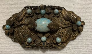 Vintage 1940’s Brass Colored Metal With Blue Glass Cabochons