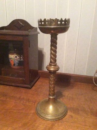 Large Antique Church Candlestick 38cm Tall Gothic Style With Gallery Solid Brass