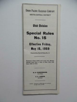 1959 Union Pacific Railroad Ett Special Rules No 15 South - Central Utah Division