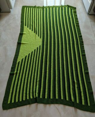 Vintage Handmade Light & Dark Green Striped Crotchet Knit Throw Blanket 50”x90”