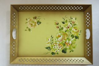 Vintage Nashco Metal Tray Toleware Floral W Pierced Edges Rect Green 22 X 16 "