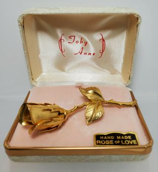 Vtg Hand Made Gold Tone Rose Flower 3” Brooch Pin W Design Box Euc Gift
