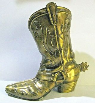 Vtg Solid Brass Cowboy Boot With Spur Art Brass Gift Makers Planter Vase 9 "