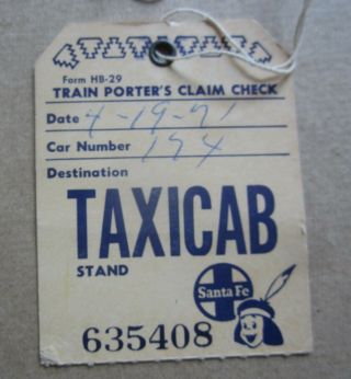 Old Vintage 1971 Santa Fe Railway - Taxi Cab - Claim Porter Claim Baggage Check