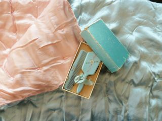 Vintage Baby Quilt Blanket Satin Pink Blue Crib Pram,  Hair Brush Comb Boxed Set
